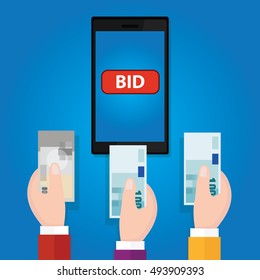 online bidding auction mobile phone bid button hand raised money cash