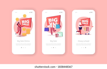 Online Big Sale Mobile App Page Onboard Screen Template. Tiny Characters with Bags, Special Shopping Offer Promotion Discount or Price Off, Shopper Activity Concept. Cartoon People Vector Illustration