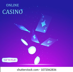 Online Big Slots Casino Banner, Tap To Play Button. Flying Coins And Poker Cards. Screen For Game. Vector Illustration