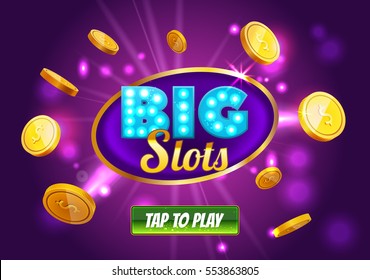 Online Big Slots Casino Banner, Tap To Play Button. Purple Mobile Slots Logo With Flying Coins, Explosion Bright Flash, Colored Ads Or Splash Screen For Game. Vector Illustration.