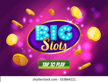 Online Big slots casino banner, tap to play button. Purple mobile slots logo with flying coins, explosion bright flash, colored ads or splash screen for game. Vector illustration.