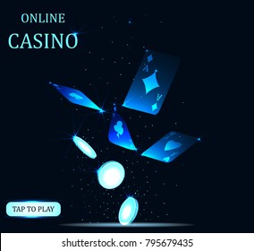 Online Big slots casino banner, tap to play button. Flying coins and poker cards. Screen for game. Vector illustration