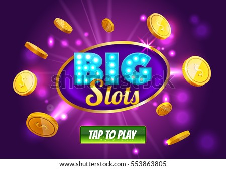 Online Big slots casino banner, tap to play button. Purple mobile slots logo with flying coins, explosion bright flash, colored ads or splash screen for game. Vector illustration.