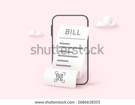 Online bill payment concept with smartphone and receipt emerging from the screen. Digital finance and e-payment concept. 3D Vector Web Illustration.