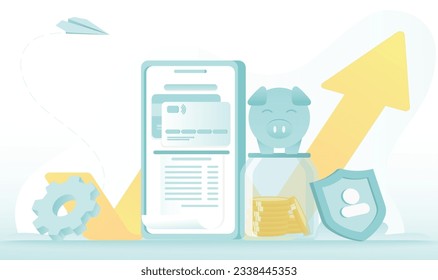 Online bill payment, digital statement on your credit card. E-commerce, online shopping, currency exchange, accumulation, transaction, fee on mobile banking device. Flat vector design illustration.