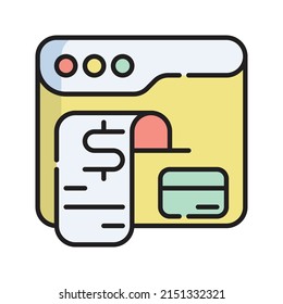 Ilustración del vector de iconos de pago de factura en línea. Dibujo de esquema plano. Concepto de icono de compras y comercio electrónico Vector Premium aislado