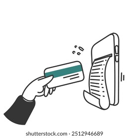 online bill payment mobile with card illustration in doodle hand drawn