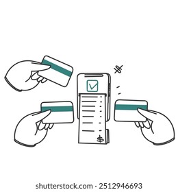 online bill payment mobile with card illustration in doodle hand drawn