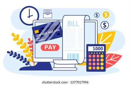 Pago de factura en línea a través del concepto de equipo. Recepción digital, banca por Internet. Impuesto y factura. Ilustración vectorial aislada en estilo caricaturista