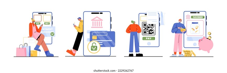 Online bill, payment via mobile phone concept. People use smartphone for shopping or bank financial transactions. E-wallets, digital modern pay technology and retail, Linear flat vector illustration