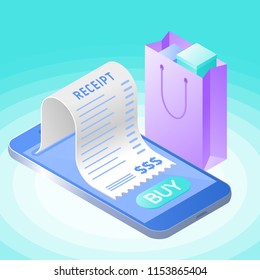 The online bill purchase. Mobile phone, paper receipt bill, shopping bag. Flat vector isometric illustration. The web store, internet buying and paying, online payment, purchase invoice concept.