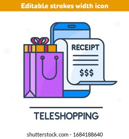 The online bill purchase with smartphone outline icon. Linear symbol of mobile phone, paper receipt bill, shopping bag, goods. Digital technologies, marketing, teleshopping concept vector illustration