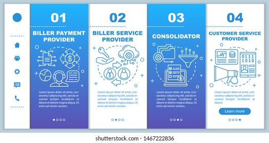 Online billing provider onboarding mobile web pages vector template. Responsive smartphone website interface idea with linear illustrations. Webpage walkthrough step screens. Color concept 