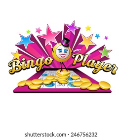 Online Bingo design original illustrated bingo ball character with coins, stars, bingo card and text