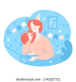 Online birthday celebration in isolation. Cartoon girl on Quarantine. Concept of communications in self isolation. Holiday decoration. Virtual video call. Greeting card and poster vector illustration
