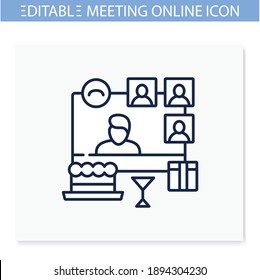 Online birthday line icon. Meeting together concept. Live stream holiday celebration. Social distanced party. Remote public event, community. Isolated vector illustration. Editable stroke