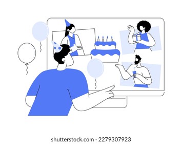 Online birthday party abstract concept vector illustration. Virtual celebration, happy people, quarantine event, birthday cake candle and confetti, video call, family fun, gift abstract metaphor.