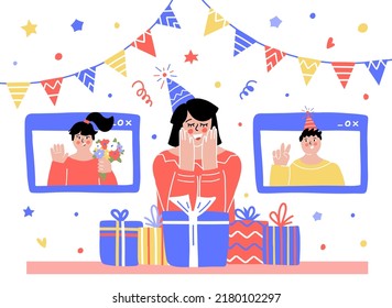 Online birthday party concept. Friends congratulations, happy woman remote celebrating via laptop screens with boy and girl. Gift boxes, festive flags, confetti around. Online communication design.