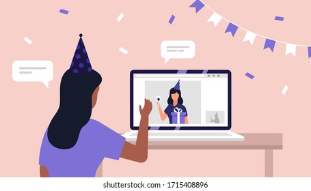 Online Birthday Party. Friends Virtual Call. Celebrating During Quarantine Self Isolation. Vector