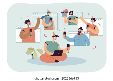 Online Birthday Party Video Call. Flat Vector Illustration. Group Of People Drinking, Celebrating, Having Fun Together In Digital Space While Quarantine. Computer, Home, Party, Hangout Concept