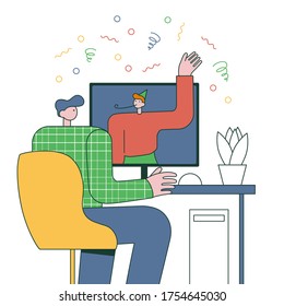 Online Birthday, Remote Meeting Friends. Quarantined People. Man Sitting In Chair In Front Of Computer Screen. Video Chat Concept. Vector Illustration In Flat Style