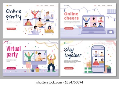 Online birthday, virtual party. Remote celebrations using internet for friends at a long distance or stay at home in quarantine. Set of landing pages templates. Vector illustrations