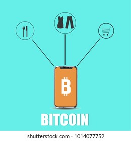 Online bitcoin payment concept. Hand holding smartphone easy to pay, illustration vector.