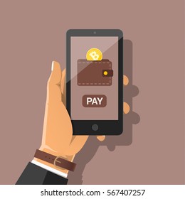 Online bitcoin payment concept. Hand holding smartphone with golden coin, wallet, button pay. Pay per click by virtual currency Flat vector cartoon illustration for business, web banners, sites design