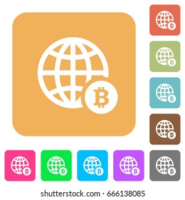 Online Bitcoin payment flat icons on rounded square vivid color backgrounds.