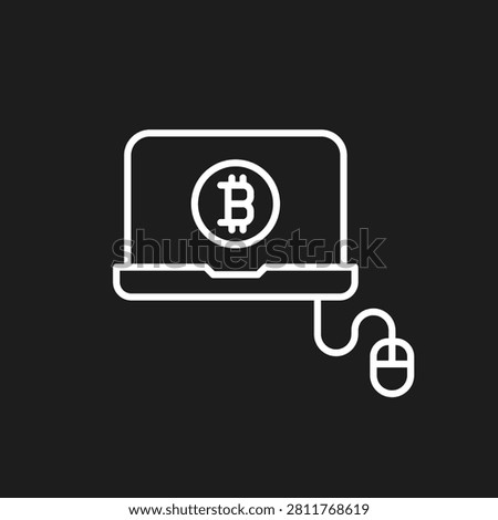 Online Bitcoin Trading Icon, Laptop Computer with Crypto Coin and Wired Mouse Line Art Vector Illustration for Cryptocurrency Transaction, Digital Blockchain Finance, Internet Banking, and E-Commerce App Graphics (White Outline on Black Background)