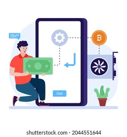 Transferencia de bitcoin en línea, ilustración plana del método de pago 
