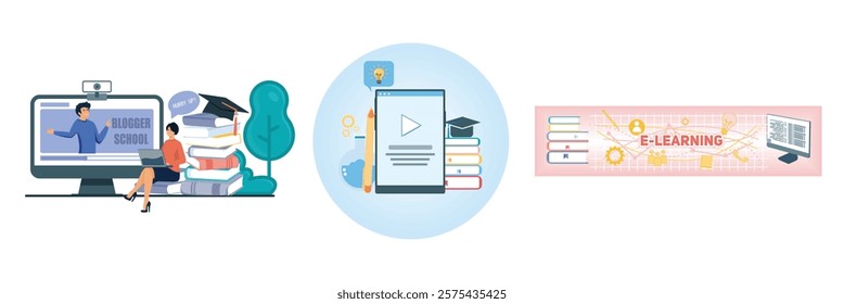 Online Blogger School. Digital Learning Concept. Data cloud storage e-learning online education. Set flat vector modern illustration 