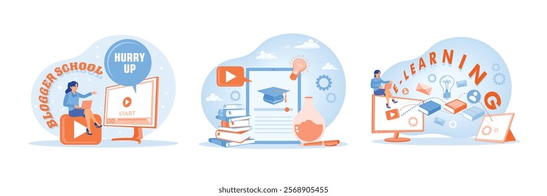 Online blogger school. Online learning applications. Concept of learning with technology. E-learning concept. Set flat vector illustration.