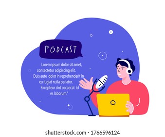 Online Blogging Podcast. Man in Headphones Talking on Microphone, Media Radio Host. Discussion in Laptop Internet. Blogger Podcaster, Broadcaster at Workspace, Communication. Flat Vector Illustration.