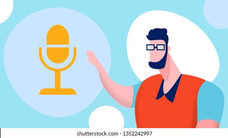 Online Blogging, Podcasting Vector Illustration. Blogger In Casual Clothes And Glasses Cartoon Character. Man Recording Podcast, Webcast. Public Broadcasting. Internet Radio Show. ASMR Blog