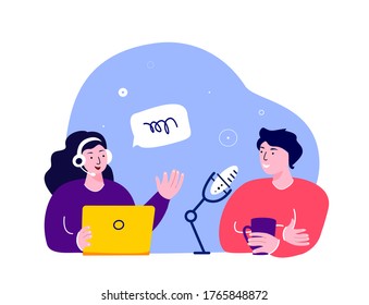 Online Blogging Podcast.Woman in Headphones Interviewing a Man Talking on Microphone.Media Discussion Radio Host.Laptop Internet. Blogger Podcaster,Broadcaster. Communication.Flat Vector Illustration.