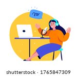 Online Blogging Podcast.Woman in Headphones Talking on Microphone, Media Radio Host. Laptop Internet. Blogger Podcaster, Broadcaster at Workspace. Entertaining Communication. Flat Vector Illustration.