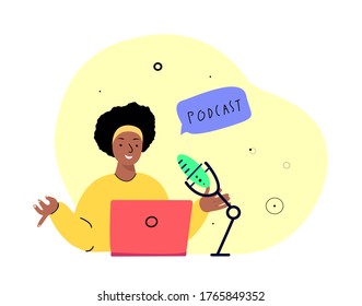 Online Blogging Podcast.Woman in Headphones Talking on Microphone, Media Radio Host. Laptop Internet. Blogger Podcaster, Broadcaster at Workspace. Entertaining Communication. Flat Vector Illustration.