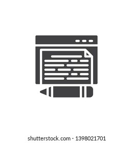 Online blogging vector icon. Edit page filled flat sign for mobile concept and web design. Browser window and pen glyph icon. Symbol, logo illustration. Pixel perfect vector graphics