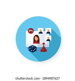 Online board game night flat icon. Meeting together concept. Internet live streaming website. Social distanced game party. Remote public event, community.Isolated color vector illustration with shadow