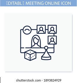 Online Board Game Night Line Icon. Meeting Together Concept. Internet Live Streaming Website. Social Distanced Game Party. Remote Public Event, Community. Isolated Vector Illustration. Editable Stroke