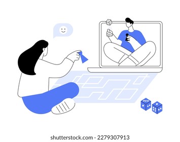 Online board gaming abstract concept vector illustration. Internet entertainment, laptop screen, play strategy game, family leisure time, playing app, quarantine fun, isolation abstract metaphor.