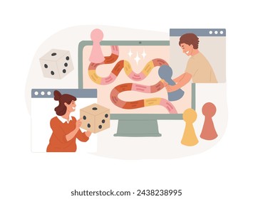 Online board gaming isolated concept vector illustration. Internet entertainment, laptop screen, play strategy game, family leisure time, playing app, quarantine fun, isolation vector concept.