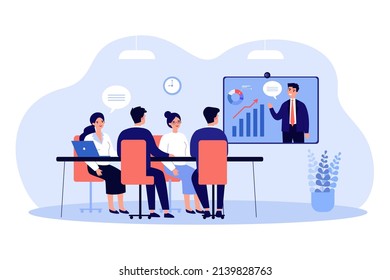 Online board presentation for business people from leader. Speech of orator for male and female employees flat vector illustration. Conference concept for banner, website design or landing web page