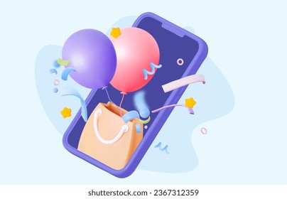 Online bonus loyalty, reward program, gift distribution or birthday, new year celebration. Balloons with confetti.  Smartphone mobile screen, technology mobile display light. 3d vector illustration. 