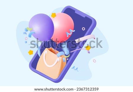 Online bonus loyalty, reward program, gift distribution or birthday, new year celebration. Balloons with confetti.  Smartphone mobile screen, technology mobile display light. 3d vector illustration. 