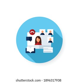 Online Book Club Flat Icon. Meeting Together Concept. Internet Streaming Website. Social Distanced Bibliophiles Party. Remote Public Event, Community. Isolated Color Vector Illustration With Shadow