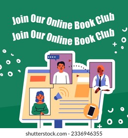 Online book club with followers and subscribers sharing opinion about read publications. People in meeting in web talking and discussing points about novels. Vector in flat style illustration