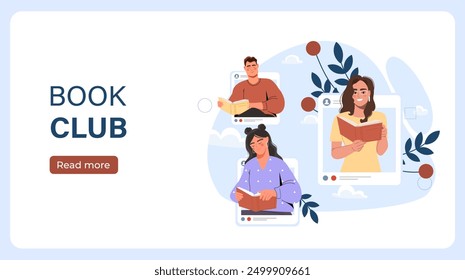 Online book club poster. Men and women with fiction and textbooks. Education and learning. Love for literature and reading. Landing webpage design. Flat vector illustration