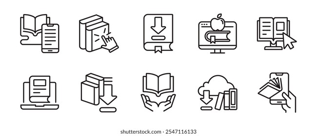 Conjunto de iconos de Descarga de libros en línea Educación Biblioteca digital Revista de libros electrónicos Literatura Medios de comunicación Aprendizaje electrónico Señales Ilustración vectorial para Web y App